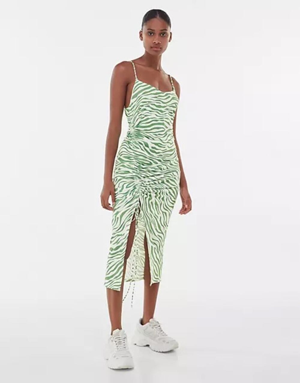 Bershka Zebra Print Drawstring Ruched Midi Dress Size M Medium NWT Green Cream